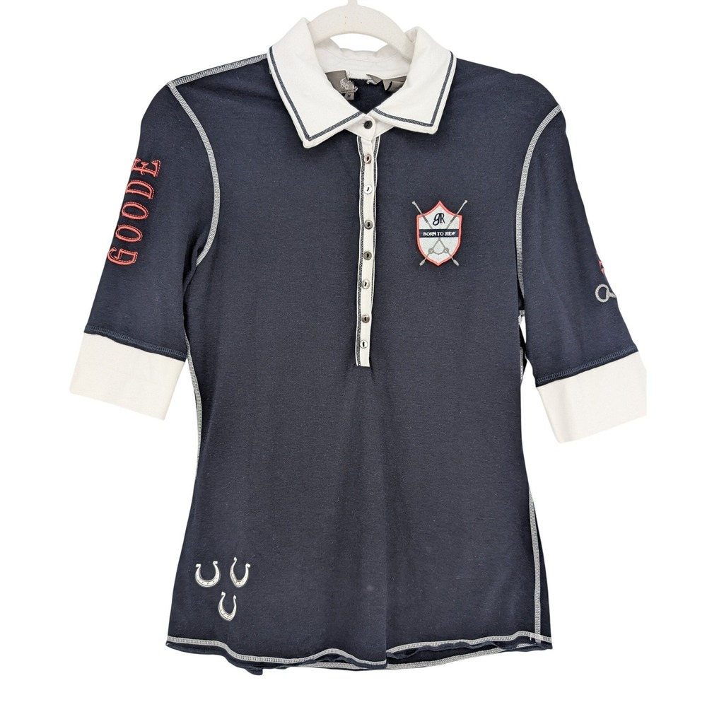 Goode‎ Rider Equestrian Polo Shirt Women M Navy Blue Bamboo Blend Preppy Horse